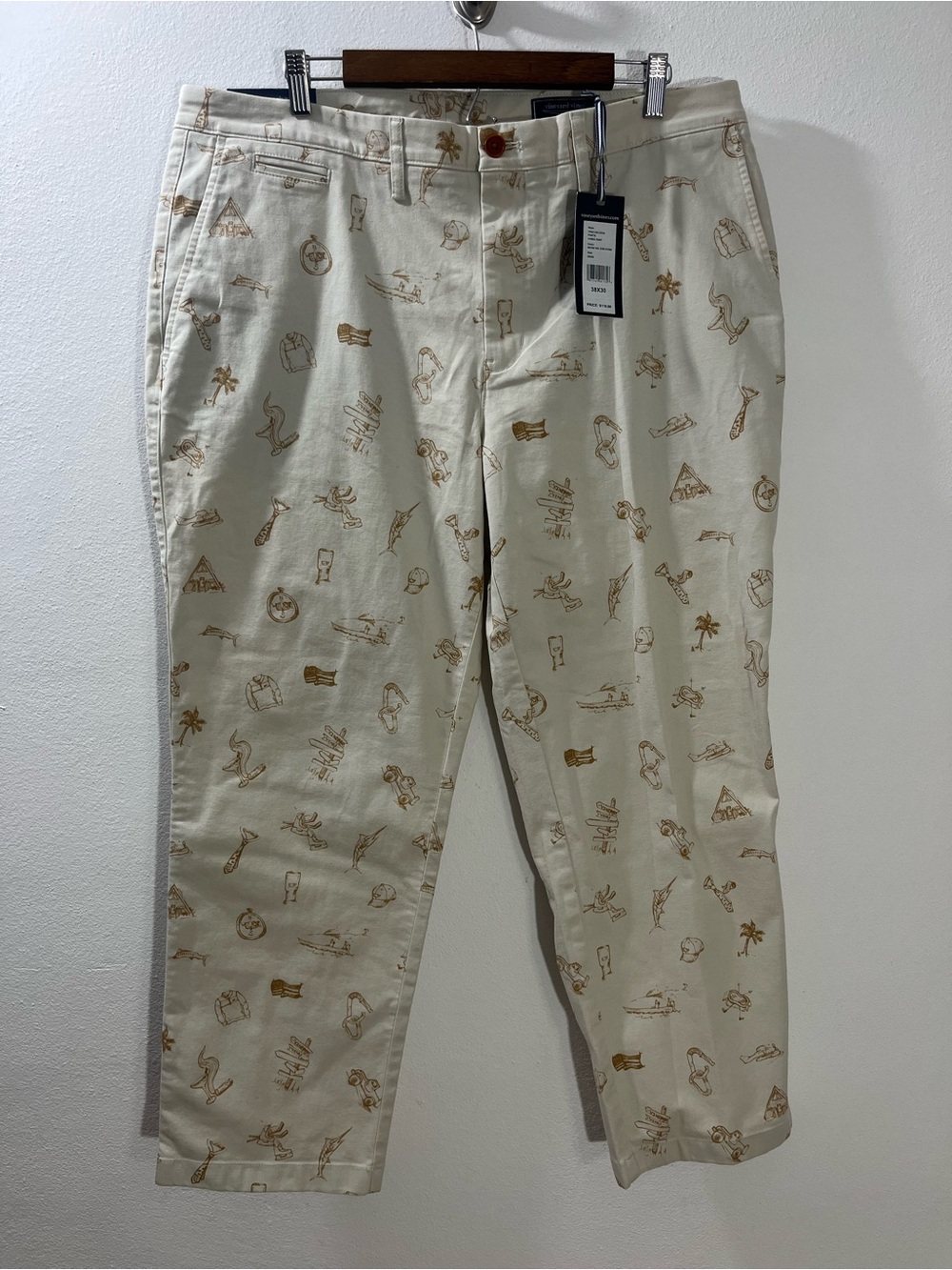 Vineyard Vines Pants Mens 38x30 Beige Holiday Icon Print Stretch Chino Cotton